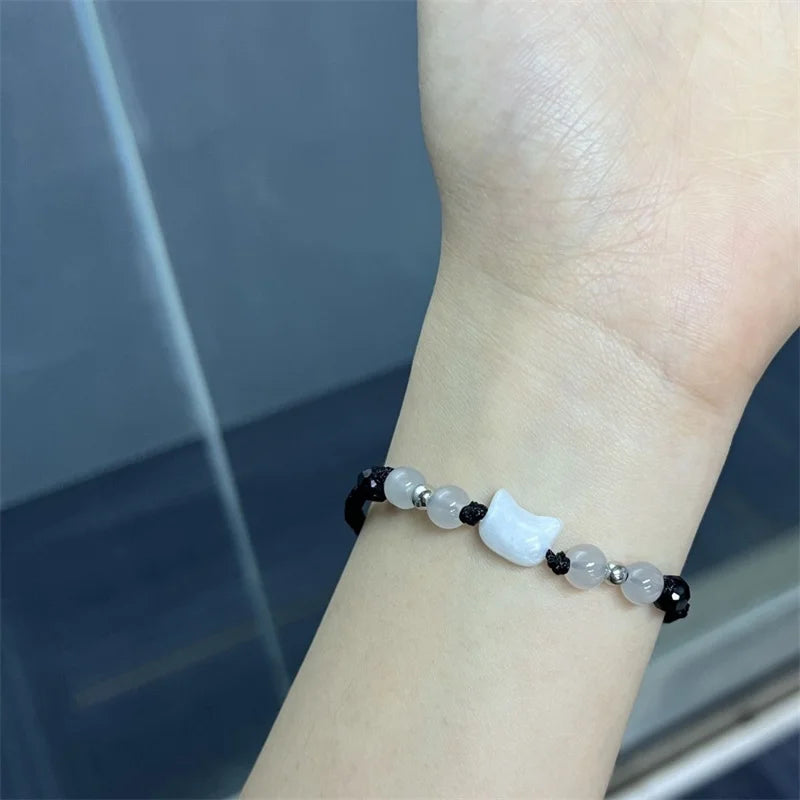 Moonstone and Obsidian Cat Bracelets Set for Couples - Minimalist Handmade Party Jewelry Gift