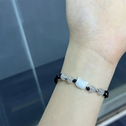 Moonstone and Obsidian Cat Bracelets Set for Couples - Minimalist Handmade Party Jewelry Gift