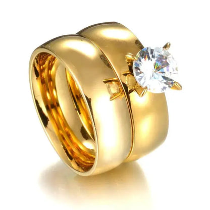 MeMolissa Luxury Clear Stone Crystal Wedding Rings Gold Plated Stainless Steel Jewelry 2pcs same size