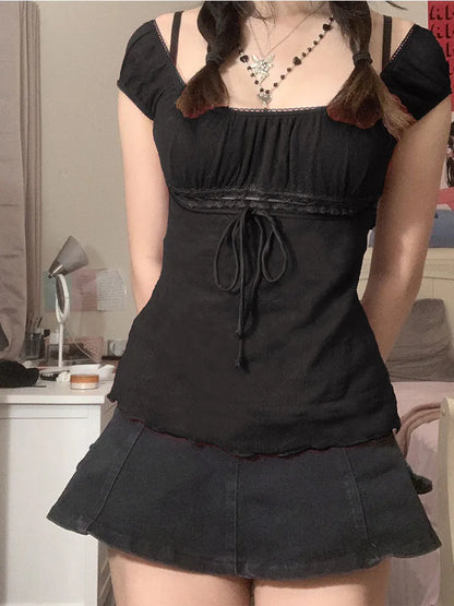 Off Shoulder Lace Top For Women 2000s Aesthetic Streetwear