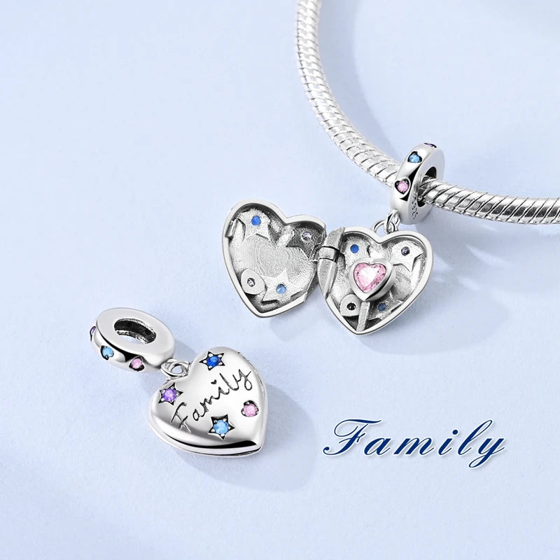 925 Sterling Silver Heart Family Charm Bead With Zircon