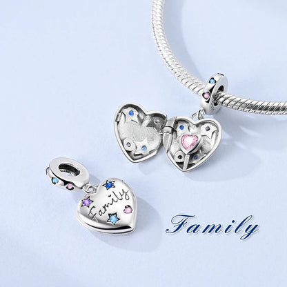 925 Sterling Silver Heart Family Charm Bead With Zircon