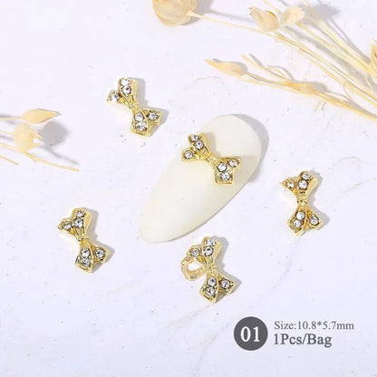 Elegant Gold Silver Metal Bowknot Nail Charm 3D Rhinestone Decor for DIY Manicure Art