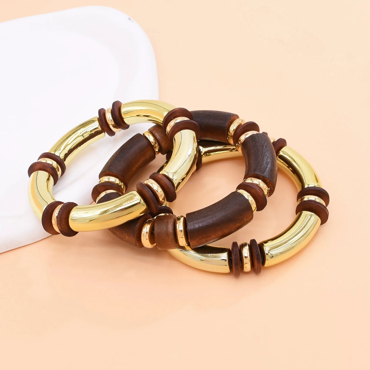 Vintage Brown Wood Multi Layer Necklace And Bracelet Set For Women Gold Plated Fashion Jewelry Gift For Parties