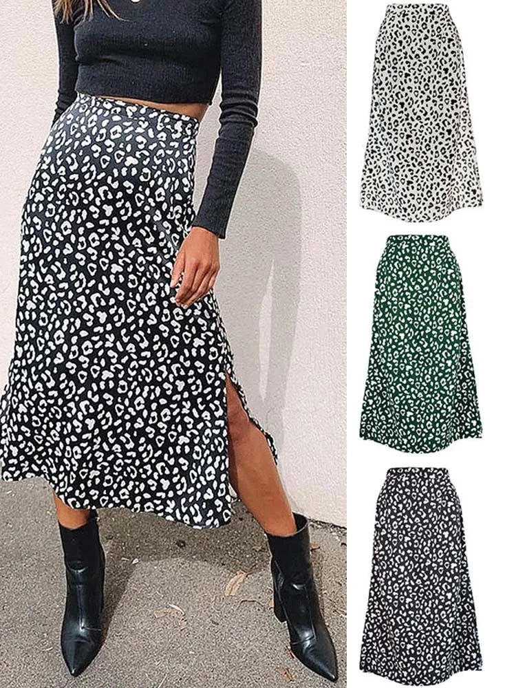 Leopard Print Chiffon Split Maxi Skirt Women Zip Elegant