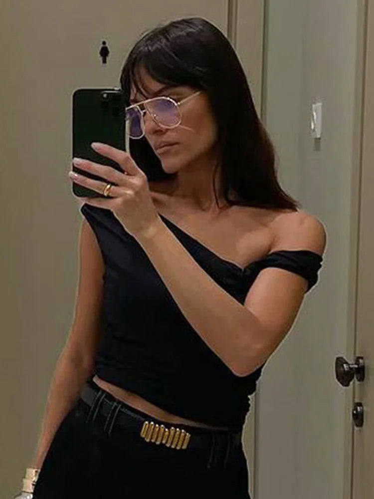 Dozw Skew Collar Sleeveless Bodycon Ruched Tank Top Women