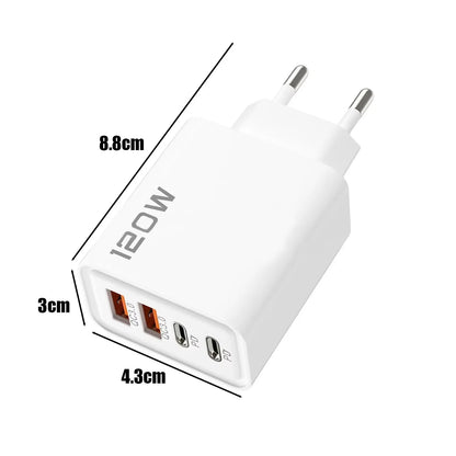 120W 4 Port USB C Fast Charger With Data Cable 2 USB C 2 USB A Ports For Samsung iPhone Xiaomi Huawei