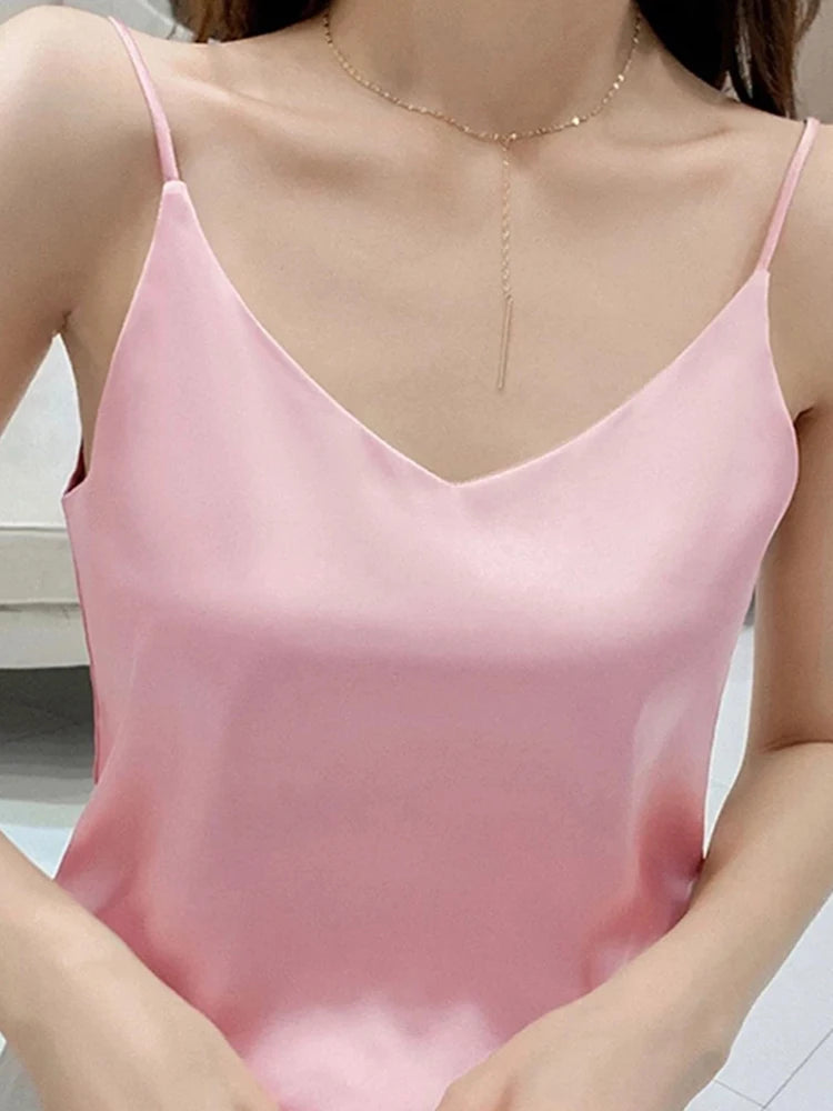 Women Satin V Neck Chiffon Camisole Tank Top Casual
