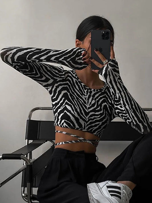 Dozw Sexy Zebra Print Backless Lace Up Top For Women