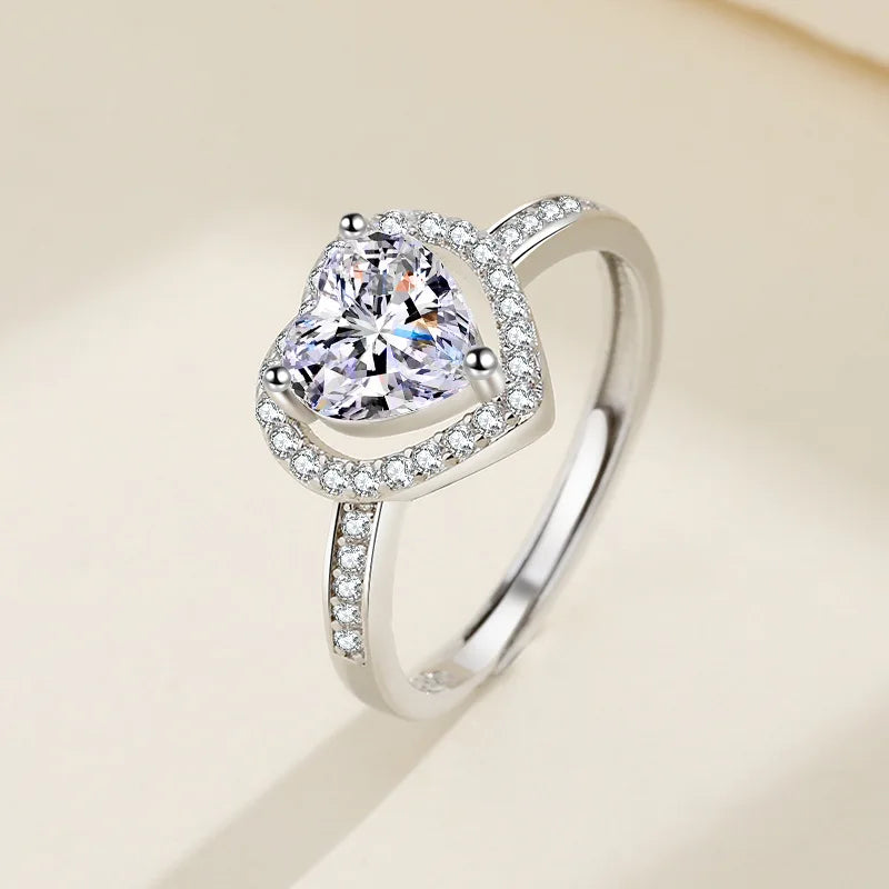 Elegant 925 Sterling Silver Heart Zircon Adjustable Ring for Women
