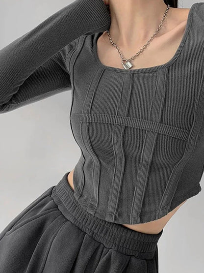 Y2K Womens Crop Tops Long Sleeve O Neck Cotton Tee Harajuku
