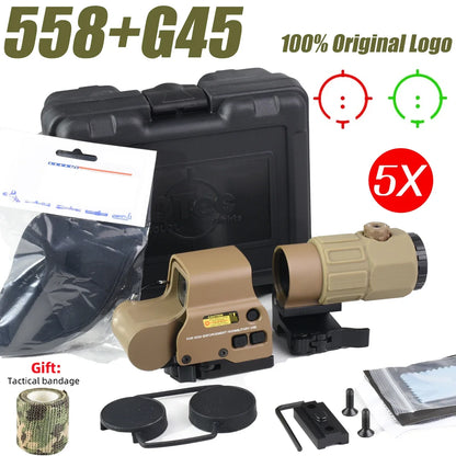 E*T*CH 558 Holographic Red Green Dot Sight Collimator Tactical 3X 5X Magnifier Combo for Hunting and Airsoft Riflescope 558 G45--H--TAN