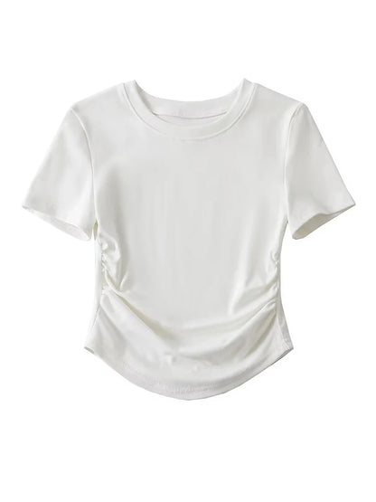 Harajuku 2024 Womens Crew Neck Ruched Side Cotton Tee