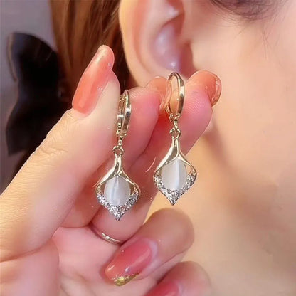 Korean Angel Eye Gold-Plated Hoop Earrings with Rhinestone Tulip Design for Women White