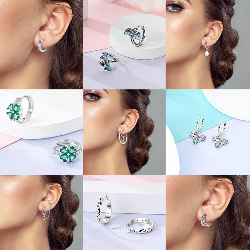 925 Silver Geometric Hoop Earrings for Women with Zircon Moon and Heart Design Fashion Jewelry Gift