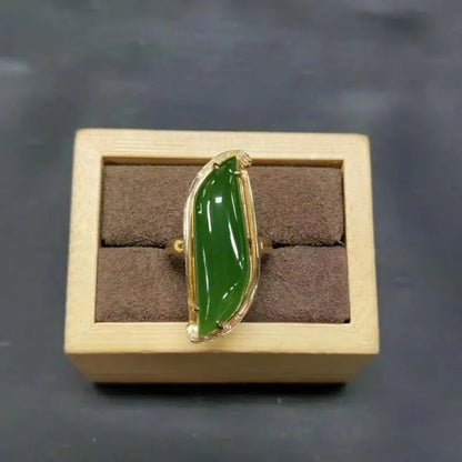 Vintage Willow Leaf Green Hotan Jade Ring with Glossy Silver Inlay for Women Adjustable Fine Jewelry