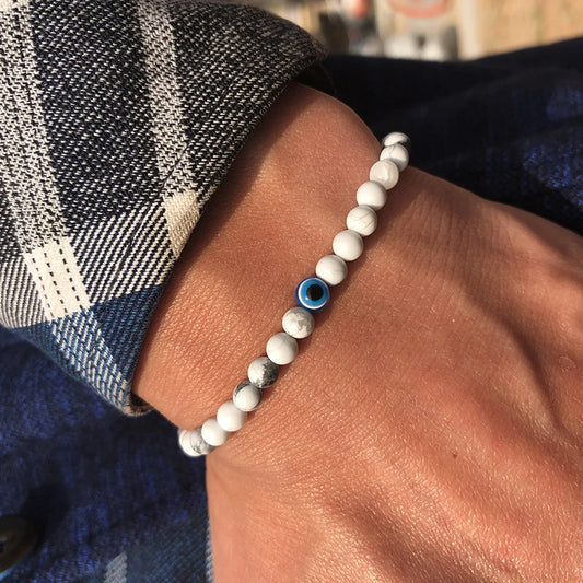 Men's Howlite Beaded Bracelet with Turkish Evil Eye for Meditation and Healing