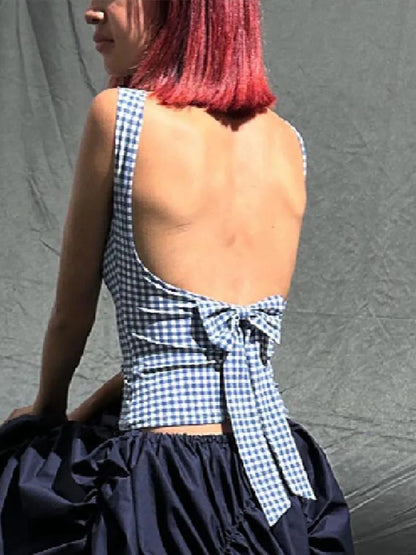 Korean Backless Plaid Croptop Bow Tie Sleeveless Streetwear