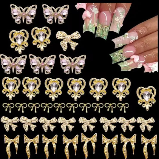 80Pc Gold 3D Nail Charms Kit Crown Butterfly Cross Crystal