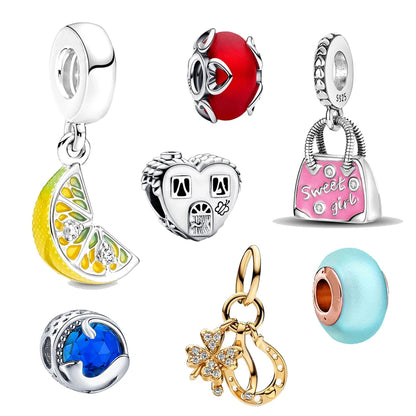 Lemon Slice Glitter Pendant Silver Plated Charm for Original Bracelet Jewelry Making
