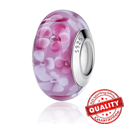 Colorful Flower Murano Glass Charm 925 Sterling Silver Top Rated DIY Jewelry for Bracelets and Necklaces LLZ007-RO