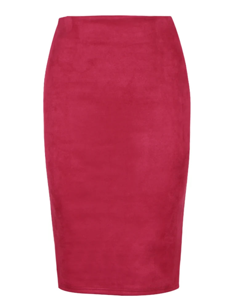 Multicolor Suede Midi Pencil Skirt Women High Waist Bodycon