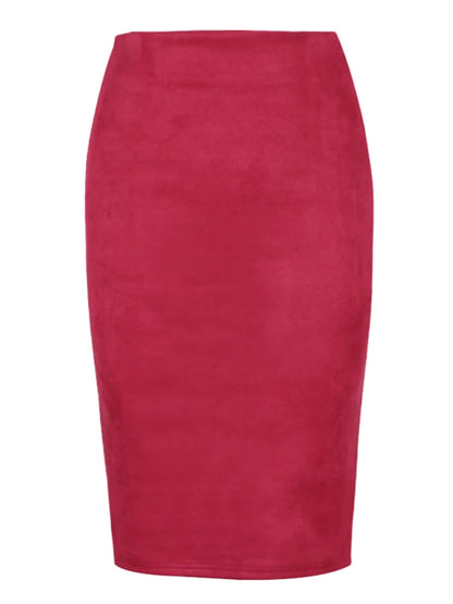 Multicolor Suede Midi Pencil Skirt Women High Waist Bodycon