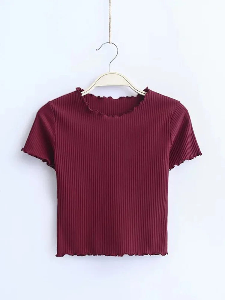 Vintage Ribbed O Neck Tee for Women Slim Fit Short Sleeve