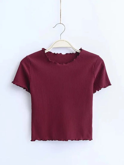 Vintage Ribbed O Neck Tee for Women Slim Fit Short Sleeve