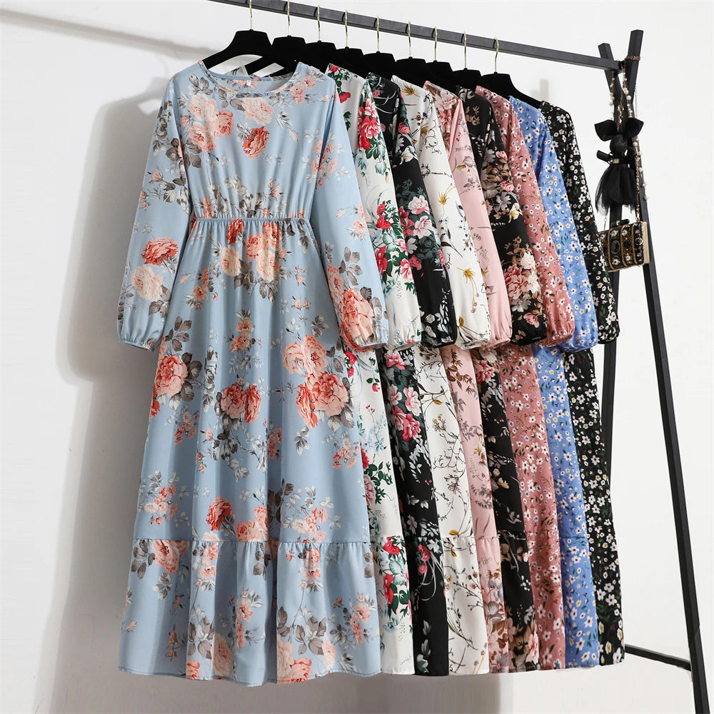 Spring Summer Women Maxi Dresses Casual Full Sleeve Floral