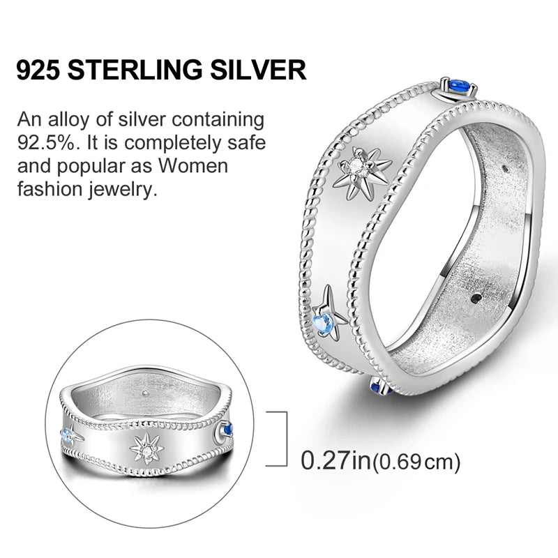 Blue Zircon Evil Eye Palm Star Moon Ring in 925 Sterling Silver for Women Wedding Jewelry Gifts LKTR171