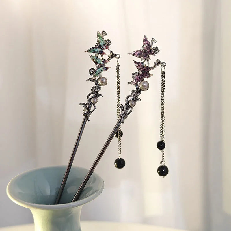 Elegant Double Butterfly Tassel Hair Stick for Vintage Chinese Style Hairwear