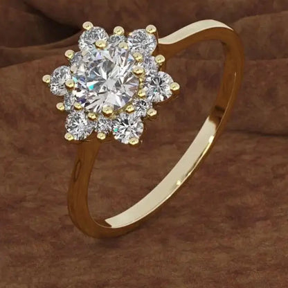 S925 Sterling Silver Snowflake Flower Ring with Cubic Zirconia Yellow Gold
