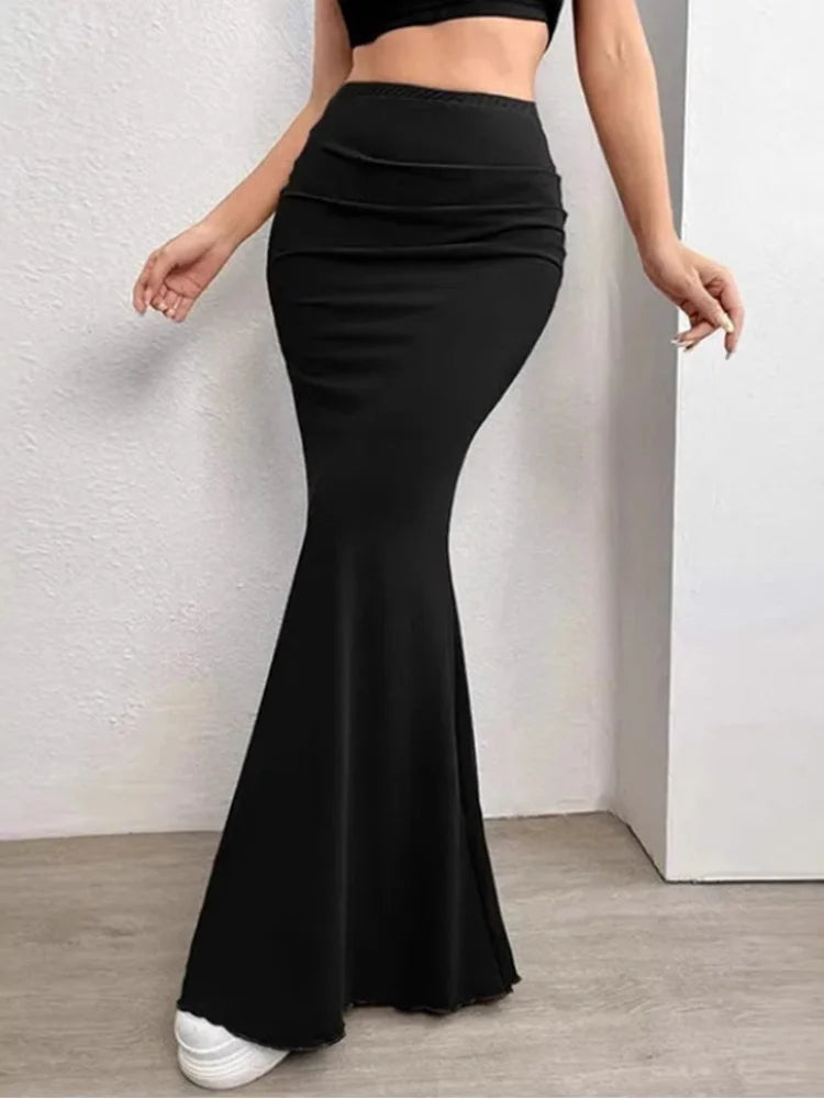 Solid Bodycon Ruched Mermaid Maxi Skirt For Women Black