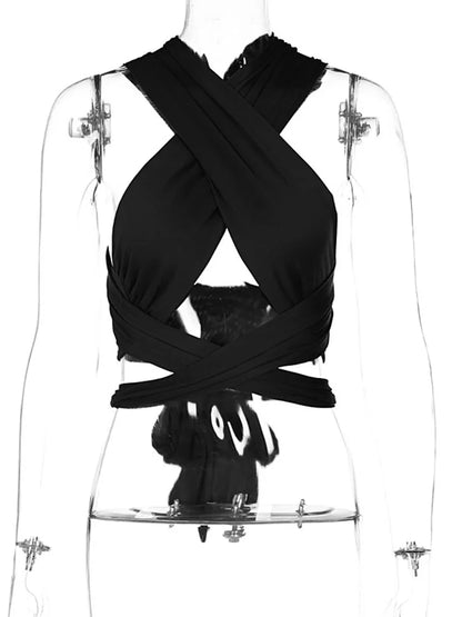 Women Cross Over Strappy Halter Crop Top Backless Wrap Vest