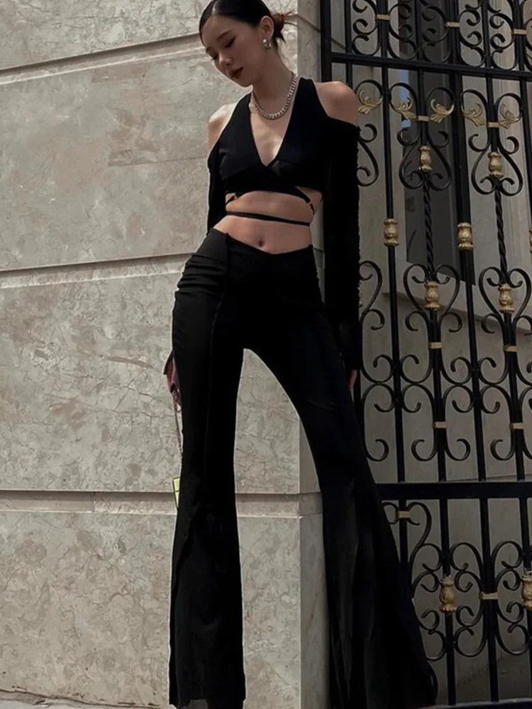 Sexy Black Crop Top Lace Up Streetwear Flattering Fit Women