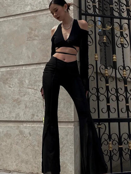 Sexy Black Crop Top Lace Up Streetwear Flattering Fit Women