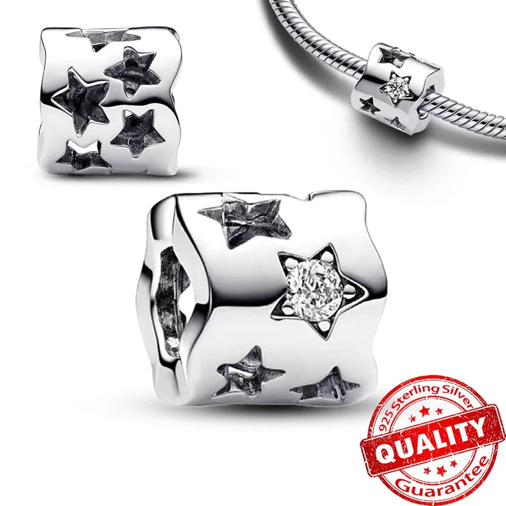 925 Sterling Silver Charms Set Moon Stars Sun Flower Heart Zircon Beads for DIY Jewelry and Gifts