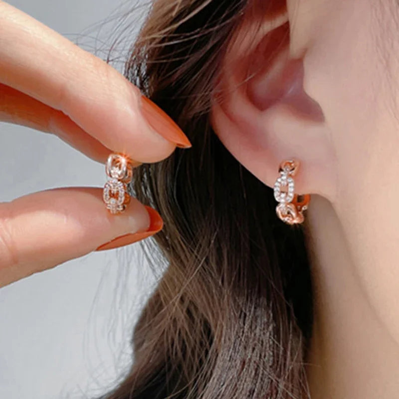 Huitan Rose Gold Chain Link Hoop Earrings with Shiny CZ for Women