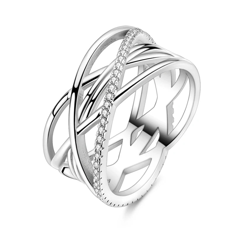 Women's Classic Geometric 925 Sterling Silver Ring with Overlapping Zircon KJR330