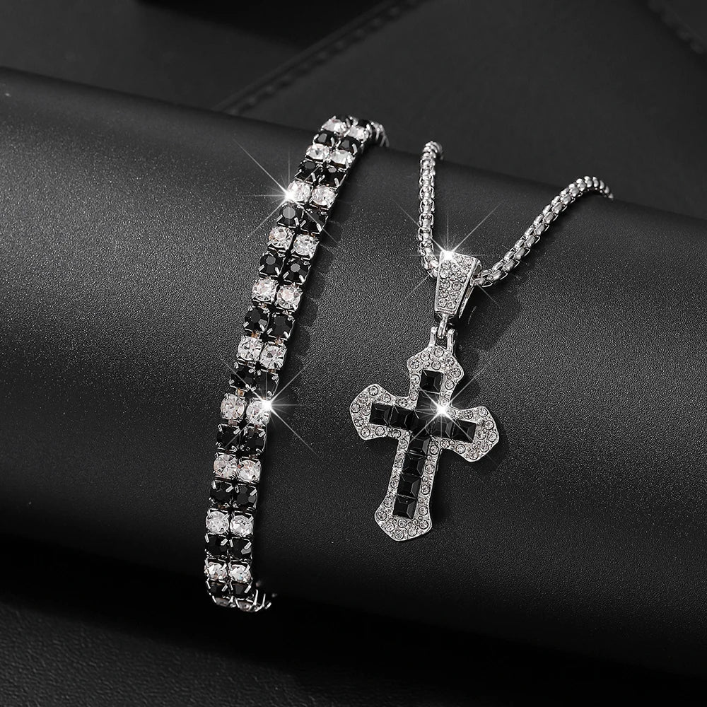 Men's Stylish Black Stainless Steel Cross Necklace, Ring, and Bracelet Set - Non-Fading Jewelry for Weddings and Parties