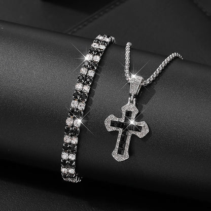 Men's Stylish Black Stainless Steel Cross Necklace, Ring, and Bracelet Set - Non-Fading Jewelry for Weddings and Parties