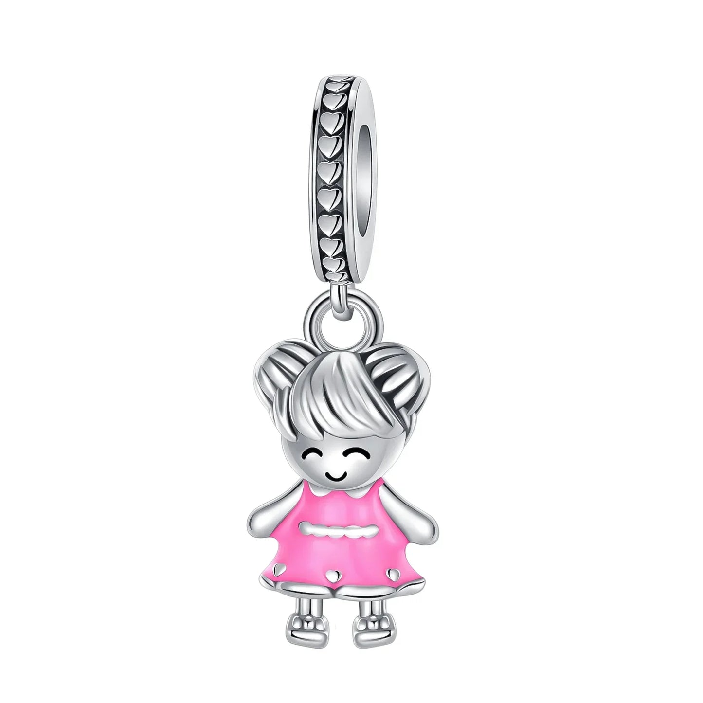 Sterling Silver Pink Blossom Dangle Charm with Butterfly Heart Flower Rose and Bird Bead for DIY Necklace and Bracelet Jewelry