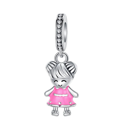 Sterling Silver Pink Blossom Dangle Charm with Butterfly Heart Flower Rose and Bird Bead for DIY Necklace and Bracelet Jewelry