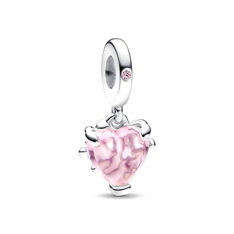 Spring Pink 925 Sterling Silver Enamel Flower Pendant for Mother Daughter Bracelets P1508