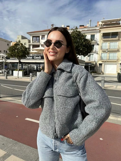 Tweed Cropped Jacket For Women Zip Front Autumn Coat