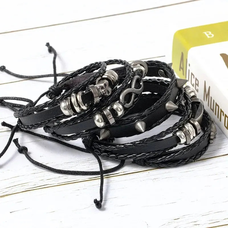 Punk Style Braided Bracelet Set of 5 with PU Leather and Beads