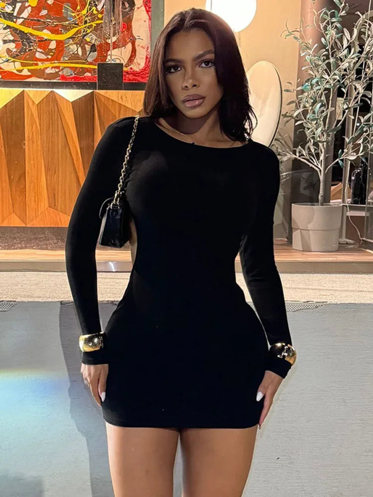 Backless Black Mini Dress Women Long Sleeve Sexy Clubwear