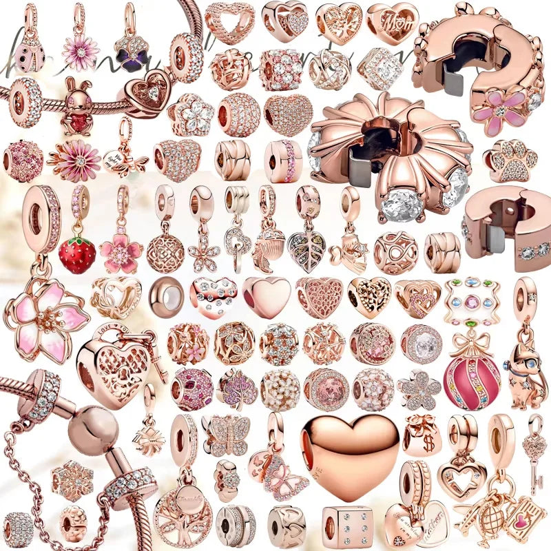 Sparkling Rose Gold Family Tree & Flower Charm Bead for European Silver Bracelet