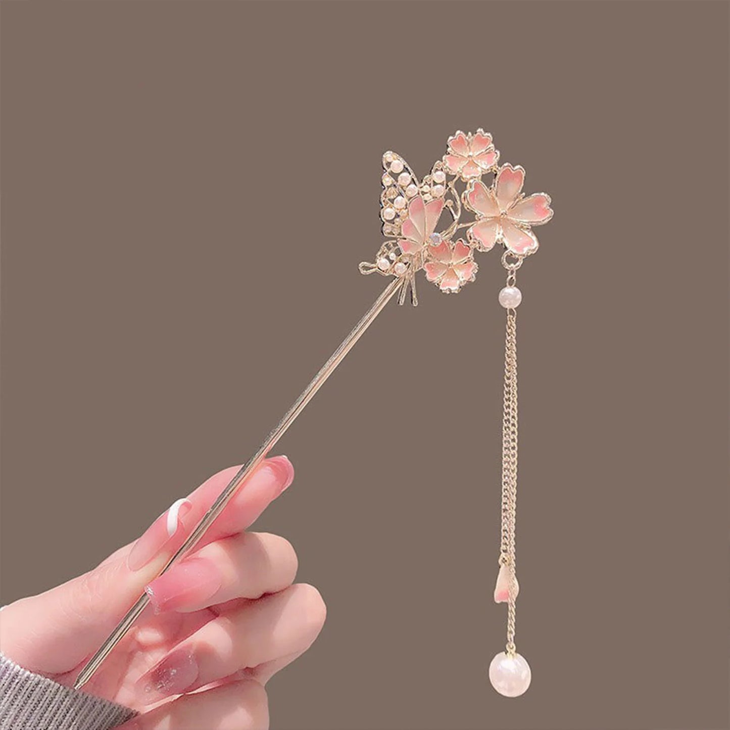 Elegant Gold Red Floral Pearl Long Tassel Hairpins Bridal Chinese Wedding Headpiece